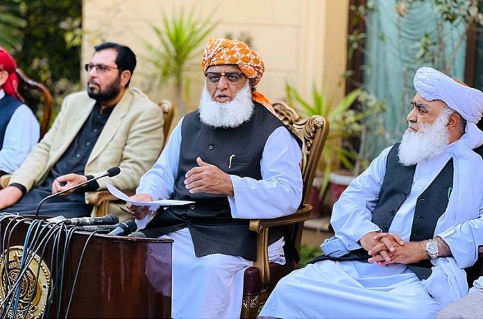 President Pakistan Democratic Movement (PDM) Maulana Fazalur Rehman addressing a press conference