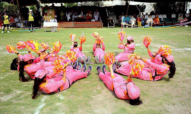 Students participating in Tug Of War competition during Jashn-e-Baharan Sports Festival at Government City Girls College