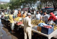 People busy in purchasing fresh fruits from vendors on the first day of holy month of Ramazan
