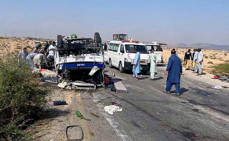District administration is seen gathered at the site of bomb blast at Kambri Bridge in Kachi district as attack on Balochistan Constabulary left 9 personnel martyred and 13 wounded