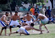 Players in action at All Pakistan Universities Kabaddi Championship during Higher Education Commission Sports Gala organised by University of Sargodha