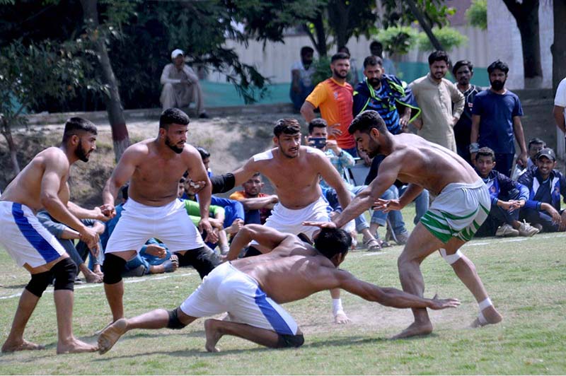 Players in action at All Pakistan Universities Kabaddi Championship during Higher Education Commission Sports Gala organised by University of Sargodha