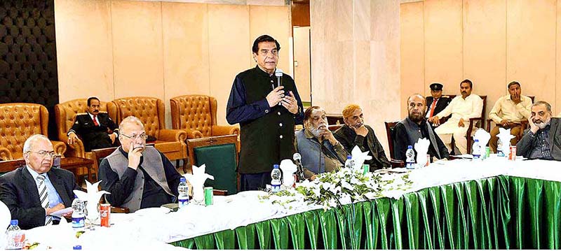 Speaker National Assembly Raja Pervez Ashraf addressing the Senior Journalists & Anchorpersons of Pakistan Federal Union of Journalists at Parliament House