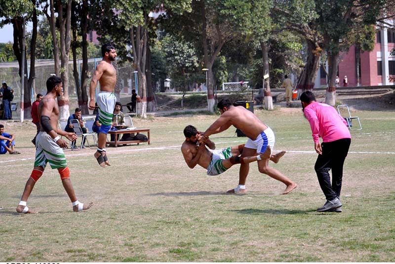 Players in action at All Pakistan Universities Kabaddi Championship during Higher Education Commission Sports Gala organised by University of Sargodha