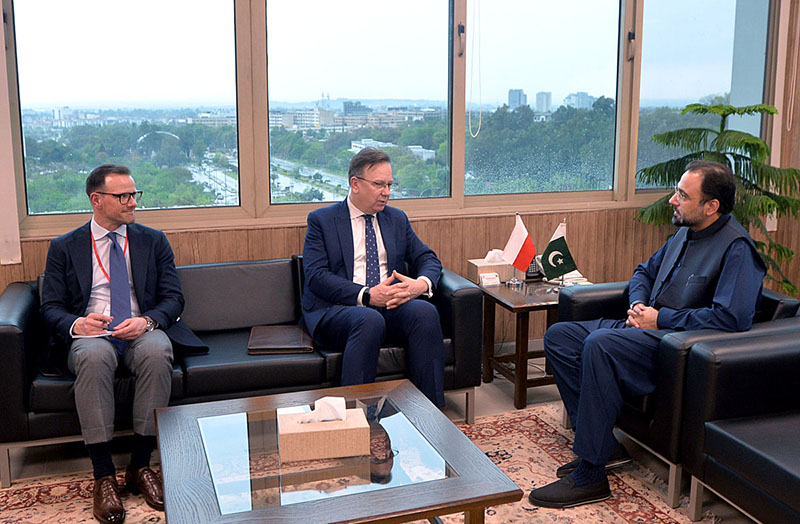 Federal Minister Board of Investment Chaudhry Salik Hussain meeting with Republic of Poland Ambassador to Pakistan Maciej Pisarski at his office