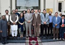 A group photo of Georg Steiner, Ambassador of Switzerland to Pakistan and President SCCI Abdul Ghafor Malik with Chamber of Commerce members during his visit