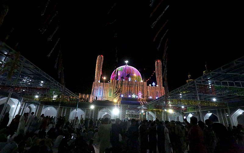 An illuminated view of shrine of Hazrat Laal Shahbaz Qalandar decorated with lights on the occasion of 771st Urs celebration