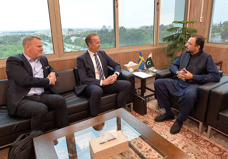 Federal Minister Board of Investment Chaudhry Salik Hussain meeting with Sweden Ambassador to Pakistan Henrik Persson at his office