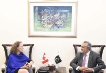 H.E.Ms.Leslie Scanlon, High Commissioner of Canada called on Federal Minister for Finance and Revenue senator Mohammad Ishaq Dar at Finance Division