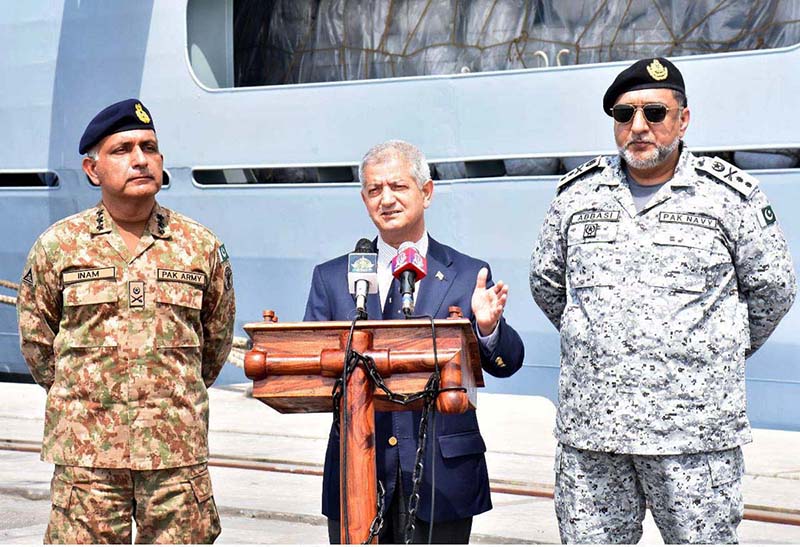 Consul General of Islamic Republic of Turkiye addressing the media at the sending off ceremony of NDMA Relief Consignment at SAPT Karachi