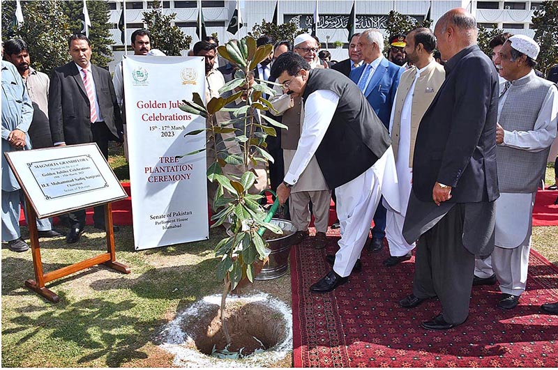 Chairman Senate, Muhammad Sadiq Sanjrani planting a sapling Magnolia’s Tree on The Golden Jubilee celebrations of the Senate of Pakistan at Parliament House
