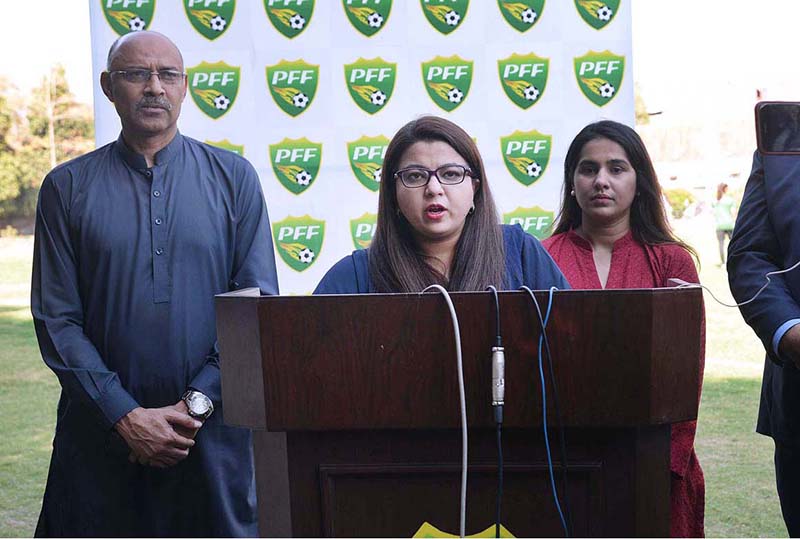 SAPM on Youth Affairs, Ms. Shaza Fatima Khawaja talking to the media at Gurumangat Road Gulberg