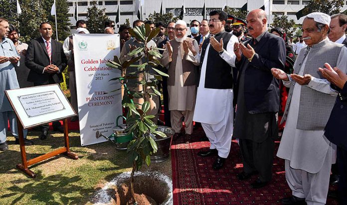 Chairman Senate, Muhammad Sadiq Sanjrani and parliamentarians offering Dua after planting a sapling Magnolia’s Tree at Parliament House Islamabad