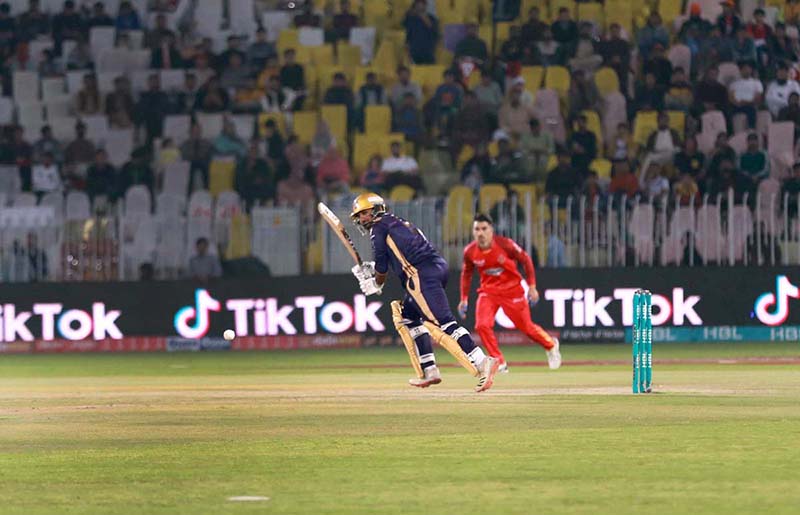 Quetta gladiator’s batsman Sarfaraz Ahmed plays a shot during PSL 8 T20 cricket match between Islamabad United and Quetta gladiator teams at Pindi Cricket Stadium