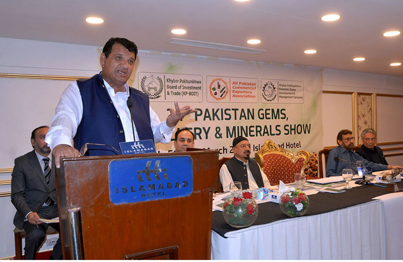 Advisor to Prime Minister on National Heritage and Culture Engineer Ameer Muqam addressing to the 24th Pakistan Gems, Jewellery and Minerals Show at a local Hotel