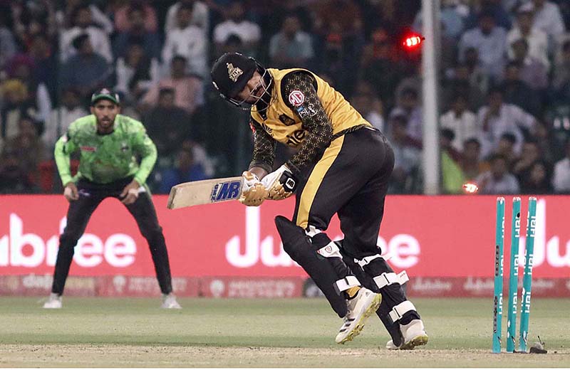 Peshawar Zalmi batsman Babar Azam running after playing a beautiful shot during the Pakistan Super League (PSL) Twenty20 cricket match between Peshawar Zalmi and Lahore Qalanders at the Gaddafi Cricket Stadium