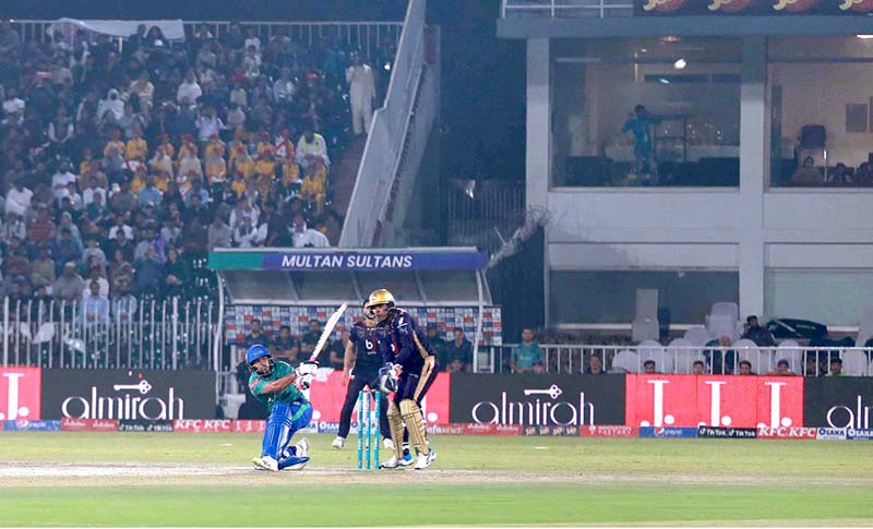 A view of cricket match between Quetta gladiators & Multan sultans during PSL 8 T20 cricket match at Pindi Cricket Stadium
