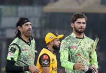 Lahore Qalanders player Shaheen Afridi and David Wiese celebrated after won the match during the Pakistan Super League (PSL) Twenty20 cricket match between Peshawar Zalmi and Lahore Qalanders at the Gaddafi Cricket Stadium