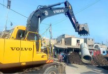 A heavy machinery being use for development work which underway at Karachi Neighborhood Improvement Project in District Malir Area