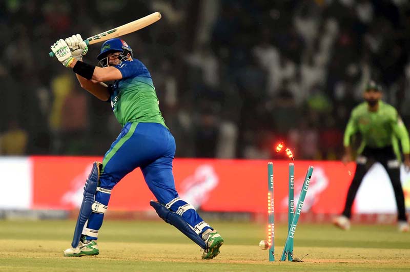 Multan Sultan player Anwar Ali bowled by Shaheen Shah Afridi during the Pakistan Super League (PSL 8) Twenty20 Final cricket match between Multan Sultan and Lahore Qalanders at the Gaddafi Cricket Stadium