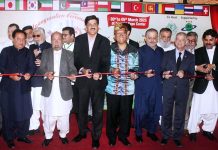 Chief Minister Sindh Syed Murad Ali Shah along with others cutting ribbon to inaugurate 18th “My Karachi-Oasis of Harmony” exhibition organized by Karachi Chamber of Commerce & Industry at Expo Center