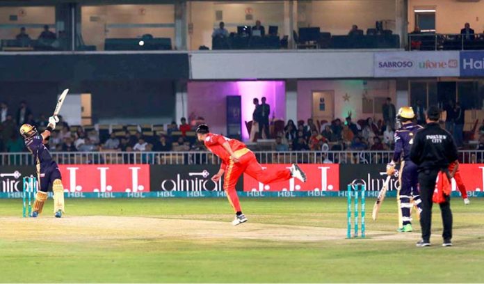 Quetta gladiator’s batsman Iftikhar Ahmed plays a shot during PSL 8 T20 cricket match between Islamabad United and Quetta gladiator teams at Pindi Cricket Stadium