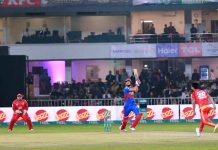 A view of cricket match between Islamabad United and Karachi Kings teams during PSL 8 T20 cricket match at Rawalpindi Cricket Stadium