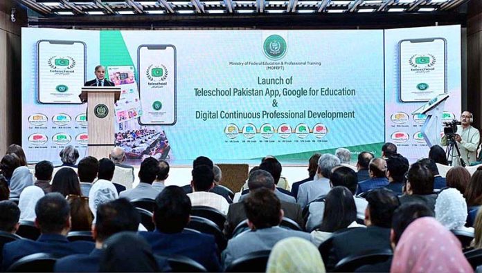 Prime Minister Muhammad Shehbaz Sharif addresses the launching ceremony of TeleSchool Pakistan mobile phone application, Google for Education and Digital Continuous Professional Development
