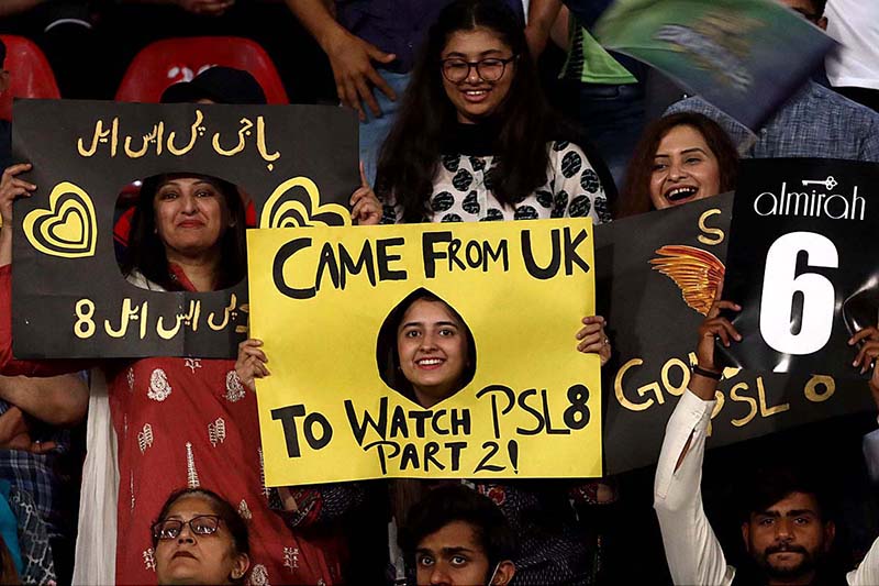 Spectators enjoying during the PSL T20 cricket match playing between Lahore Qalanders and Multan Sultans at the Gaddafi Cricket Stadium