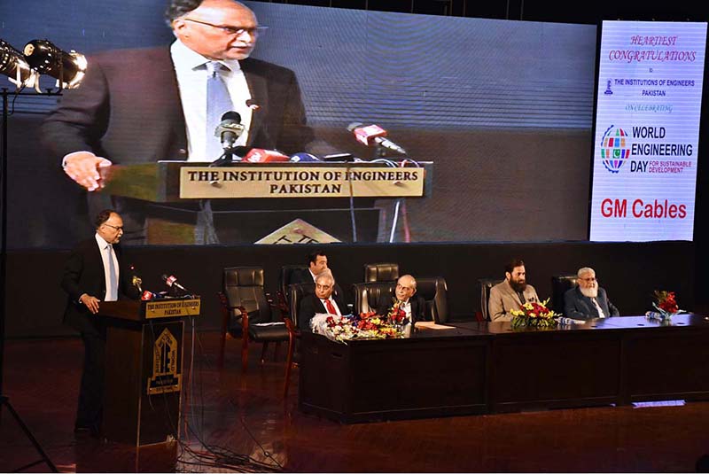Minister for Planning, Development and Reforms, Prof. Ahsan Iqbal addressing after distributing “ National Engineering Excellence Award at Expo center “during a function on the World Engineering Day for Sustainable Development proclaimed by UNESCO at its 40th General Conference in 2019. It is celebrated worldwide on 4th March of each year since 2020