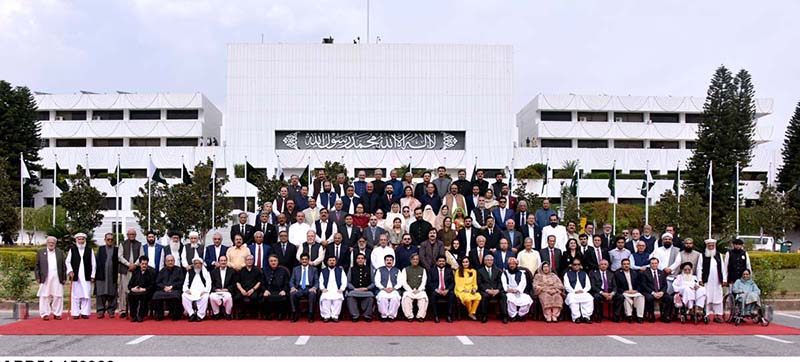 Chairman Senate, Muhammad Sadiq Sanjrani and Speaker National Assembly Raja Pervaiz Ashraf in a group photo with all sitting Senators and Former Senators and other distinguished guests in connection of the golden jubilee celebrations of The Senate of Pakistan at Parliament House