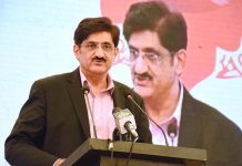 Chief Minister of Sindh Syed Murad Ali Shah addressing during three days 6th Sindh Literature Festival 2023 organized in coordination with Arts Council of Pakistan Karachi and Sindh Literary Foundation