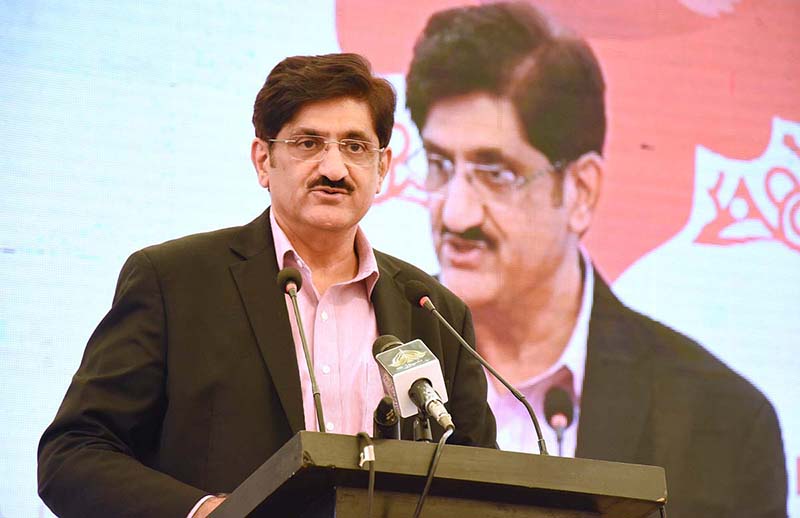 Chief Minister of Sindh Syed Murad Ali Shah addressing during three days 6th Sindh Literature Festival 2023 organized in coordination with Arts Council of Pakistan Karachi and Sindh Literary Foundation