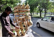 A vendor displaying beautifully man-made bird nest structures to attract the customers at F-7