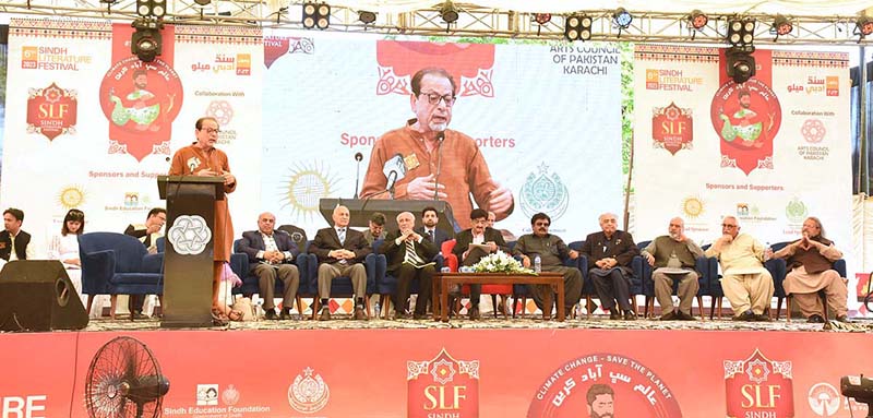 President Arts Council of Pakistan Karachi, Muhammad Ahmed Shad addressing the opening ceremony of three days 6th Sindh Literature Festival 2023 organised by Arts Council of Pakistan with collaboration of Sindh Literary Foundation