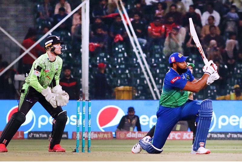 Lahore Qalanders players celebrated the Multan Sultans player wicket (Muhammad Rizwan bowled by Rashid Khan) during the Pakistan Super League (PSL 8) Twenty20 cricket match between Lahore Qalanders and Multan Sultans at the Gaddafi Cricket Stadium