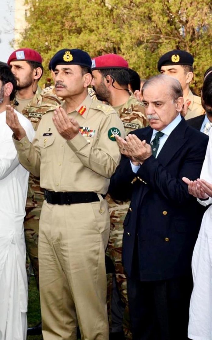 Prime Minister Muhammad Shehbaz Sharif attending the funeral prayers of Brigadier Mustafa Kamal Barki who was martyred while fighting terrorists in Angoor Adda, South Waziristan