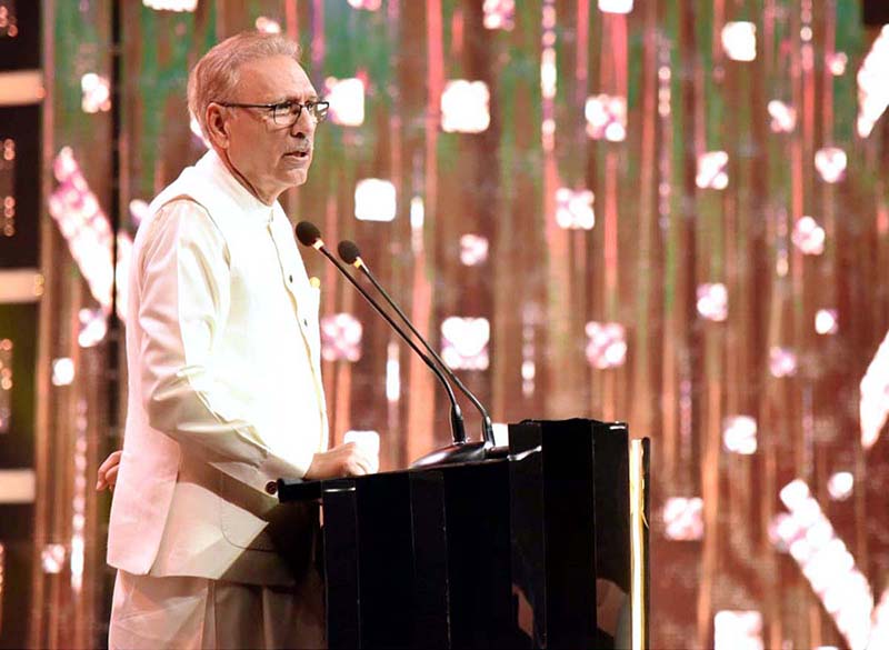 President Dr. Arif Alvi addressing the Women Leaders Awards ceremony organized by an entertainment television channel in connection with the International Women's Day