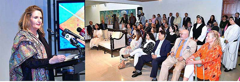 First Lady Begum Samina Arif Alvi addressing the inauguration ceremony of a solo painting exhibition by the Former Ambassador, Naela Chohan, in connection with International Women's Day, at Pakistan National Council of Arts