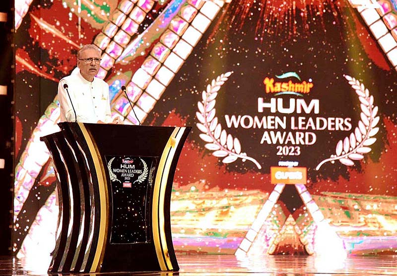 President Dr. Arif Alvi addressing the Women Leaders Awards ceremony organized by an entertainment television channel in connection with the International Women's Day