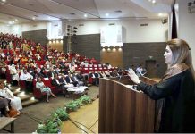 Federal Minister for Poverty Alleviation and Social Safety & Chairperson BISP, Ms. Shazia Atta Marri addressing in a dialogue session on "unlocking the power of women entrepreneurs at IBA City Auditorium
