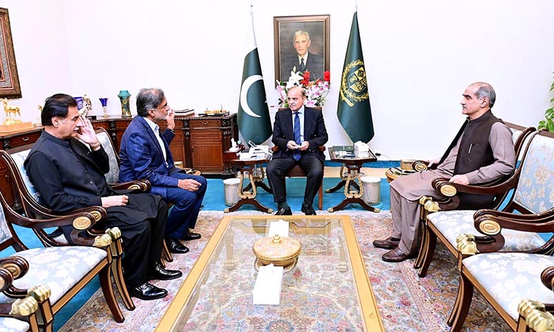 Federal Minister for Economic Affairs Sardar Ayaz Sadiq, Federal Minister for Railways and Aviation Khawaja Saad Rafique and Advisor to the Prime Minister on Kashmir and Gilgit Baltistan Affairs Qamar Zaman Qaira call on Prime Minister Muhammad Shehbaz Sharif