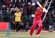 Islamabad United player Alex Hales playing shot during the Pakistan Super League (PSL) Twenty20 cricket match between Peshawar Zalmi and Islamabad United at the Gaddafi Cricket Stadium