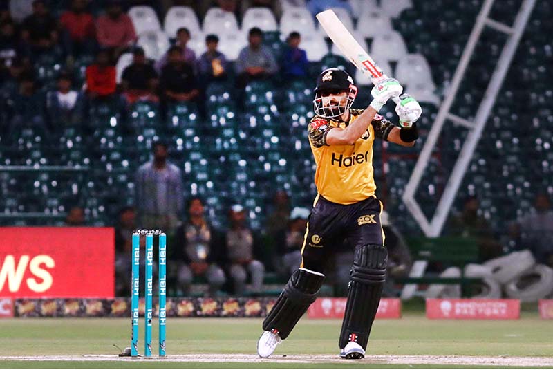 Islamabad United player Alex Hales playing shot during the Pakistan Super League (PSL) Twenty20 cricket match between Peshawar Zalmi and Islamabad United at the Gaddafi Cricket Stadium