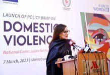 Federal Minister for Climate Change Senator Sherry Rehman delivered a keynote speech at the launch event of the policy brief on “Domestic Violence” by the National Commission for Human Rights Pakistan