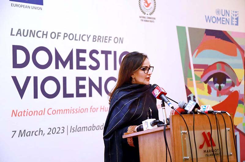 Federal Minister for Climate Change Senator Sherry Rehman delivered a keynote speech at the launch event of the policy brief on “Domestic Violence” by the National Commission for Human Rights Pakistan