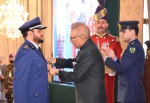 President Dr Arif Alvi conferring the award of Hilal-i-Imtiaz (Military) upon the Defense Attache of the Kingdom of Saudi Arabia in Pakistan, Major General (Pilot) Staff, Awad bin Abdullah Al-zahrani, at Aiwan-e-Sadr, Islamabad, on 24-03-2023.