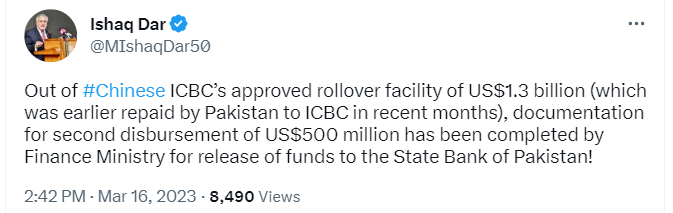 Documentation finalized to disburse $500 mln under ICBC’s rollover facility: Dar
