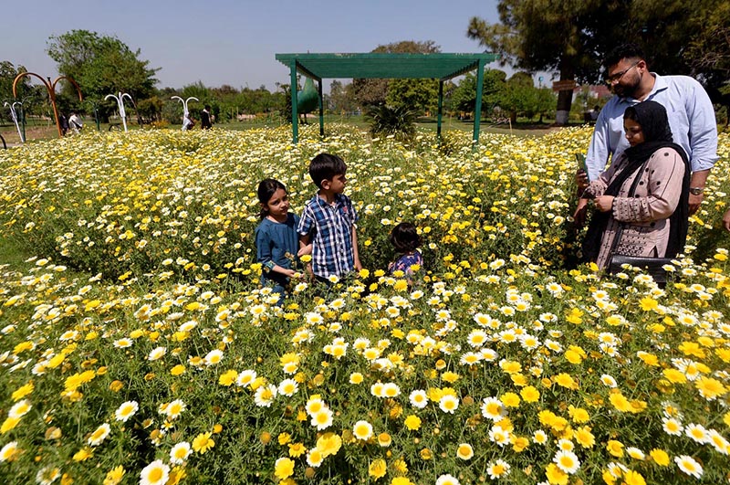 A family taking photos with spring blooming flowers at Allama Iqbal Park.