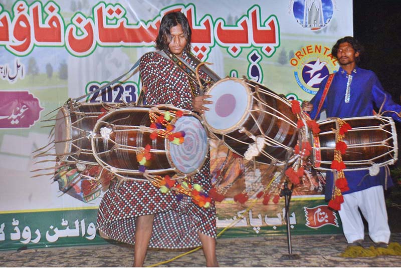 Traditional drummers performing in "Dhool" competition on the occasion of Eid ul Fitr festival organized by Bab-e-Pakistan Foundation at Walton Road